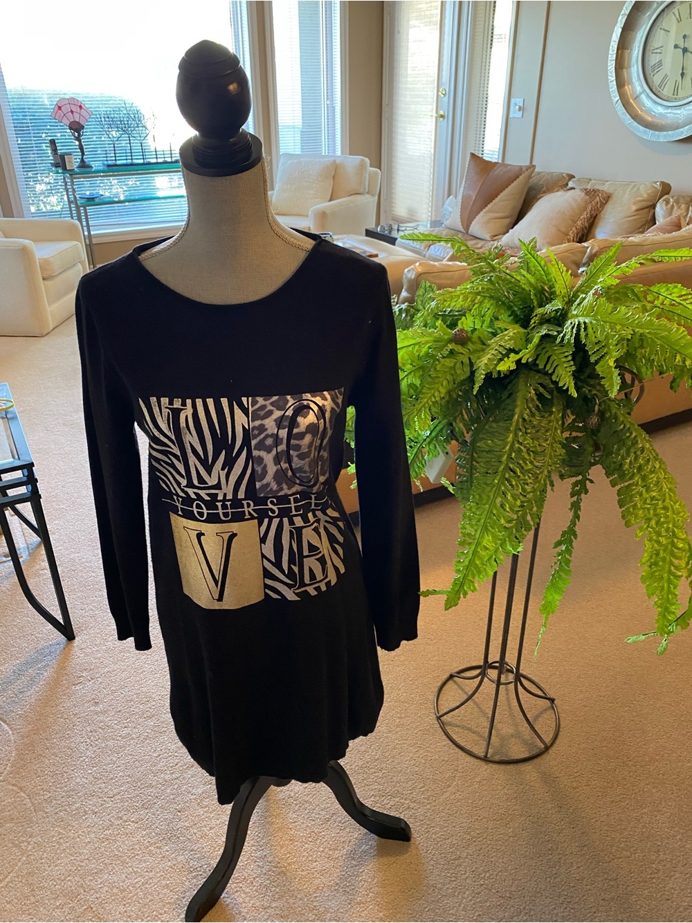 Black Graphic Long Sleeve Tunic with Mixed Print Panel